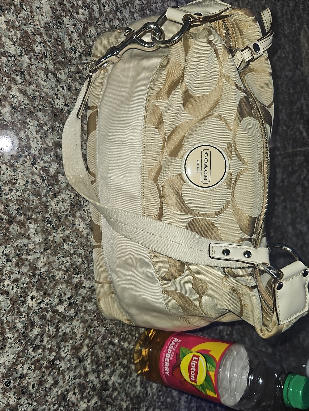 Coach Beige Signature Shoulder Bag with Logo Plaque